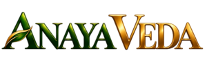 Transparent Anaya Veda logo featuring an elegant emerald green and metallic gold serif wordmark with a leaf motif integrated into the letter A.